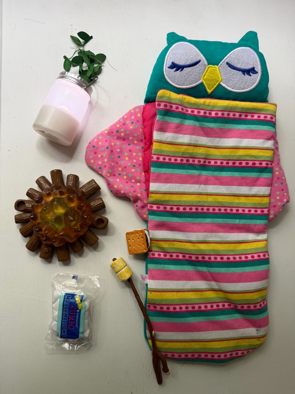American Girl Wellue Wisher camping set (graham cookies missed) and sleeping bag
